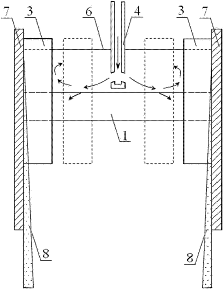 A vertical electromagnetic braking device for controlling the flow of molten steel in a continuous casting mold