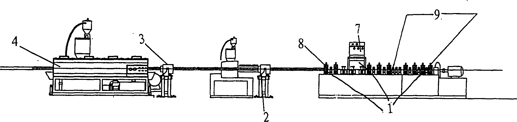 Continuous production equipment of steel-plastics composite pipe with internal and external surfaces of holed steel skeleton coated with adhesive