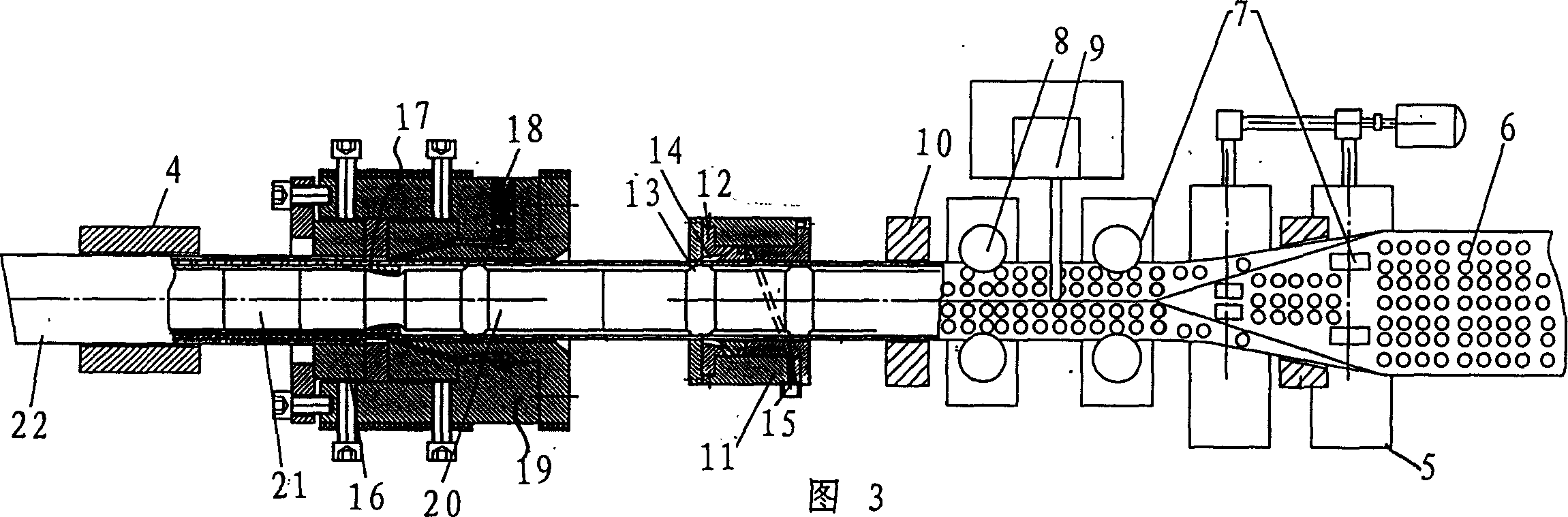 Continuous production equipment of steel-plastics composite pipe with internal and external surfaces of holed steel skeleton coated with adhesive