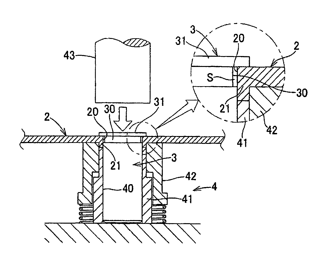 Caulked assembly of metal plate body with columnar body, caulked assembly of resin molded body with columnar body, and method for producing the same