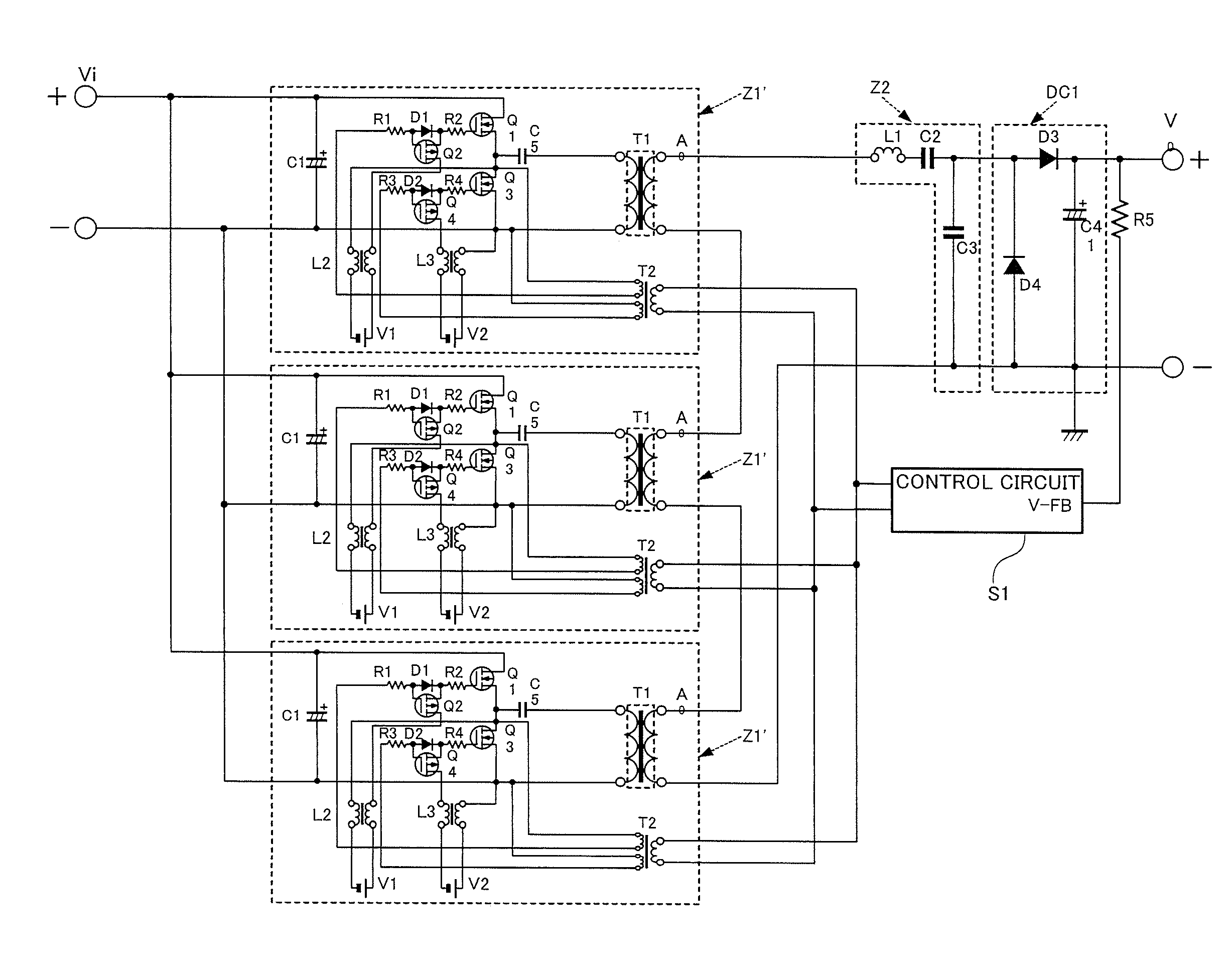 Switching power supply with plural resonant converters and variable frequency