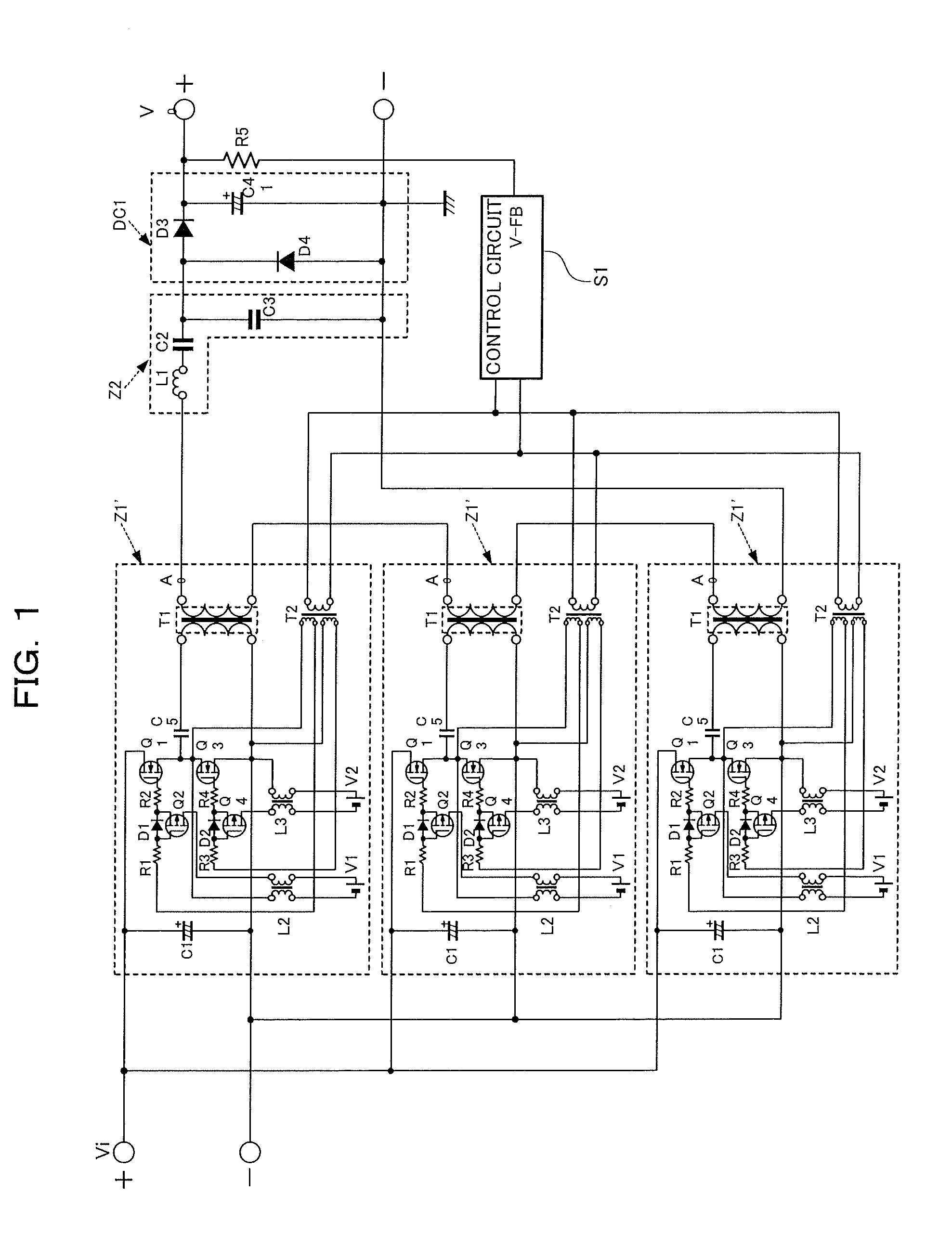 Switching power supply with plural resonant converters and variable frequency