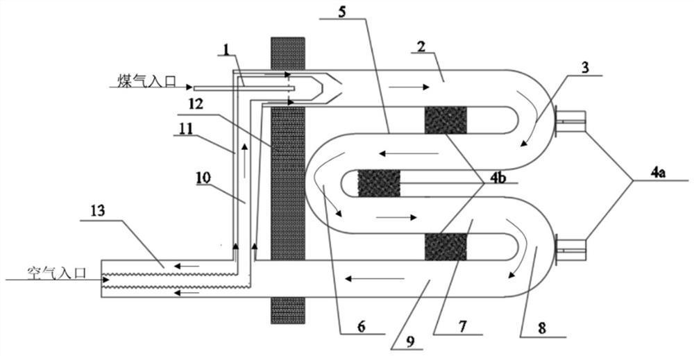 Radiant tube heating device with self-preheating type flue gas recirculation