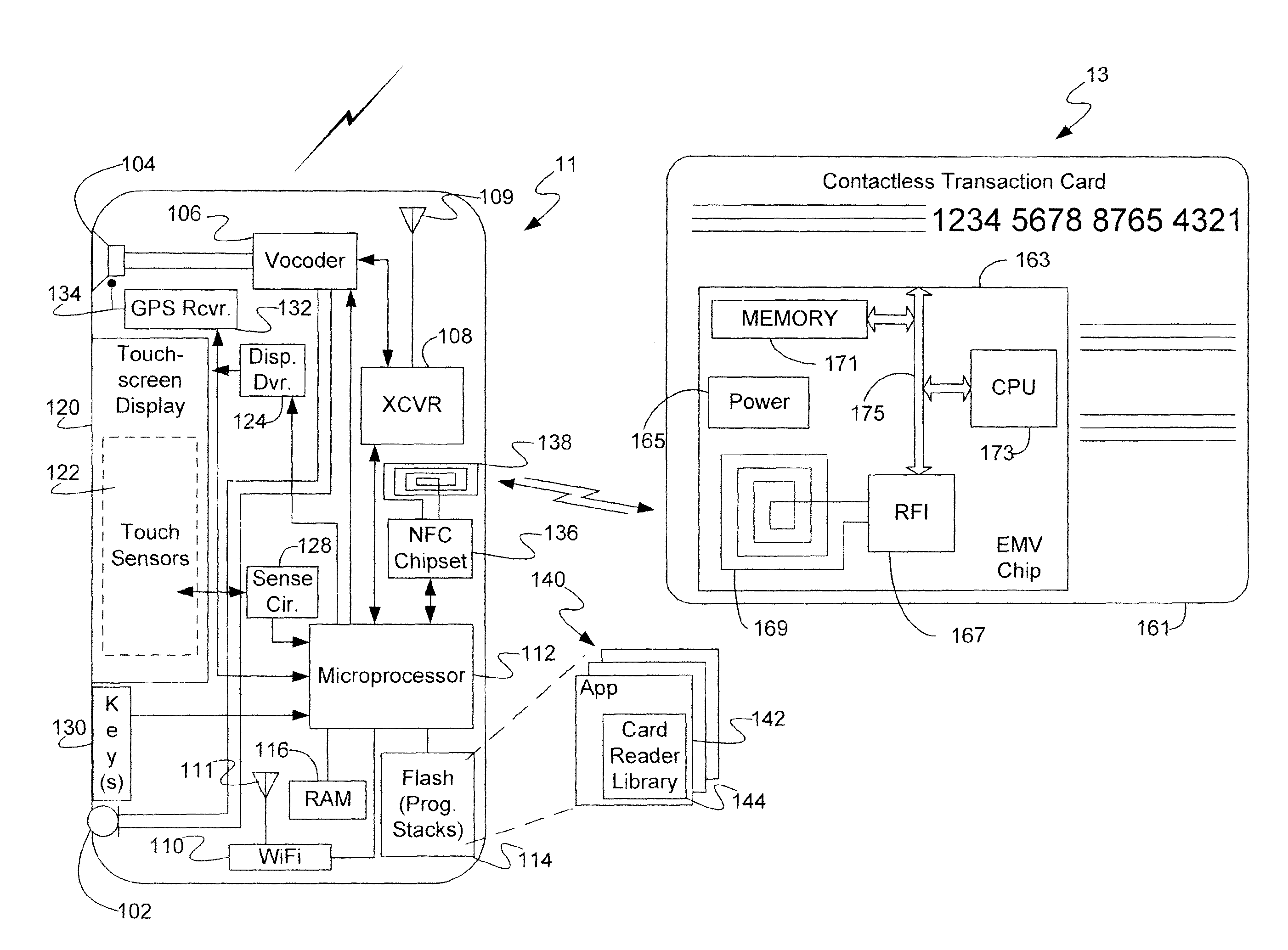 Payment or other transaction through mobile device using NFC to access a contactless transaction card