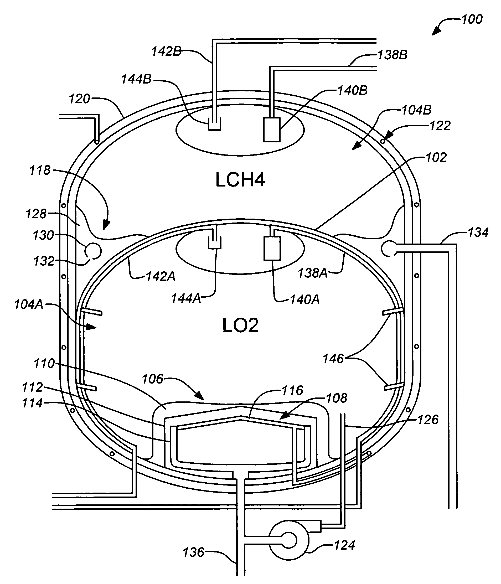 Thermally coupled liquid oxygen and liquid methane storage vessel