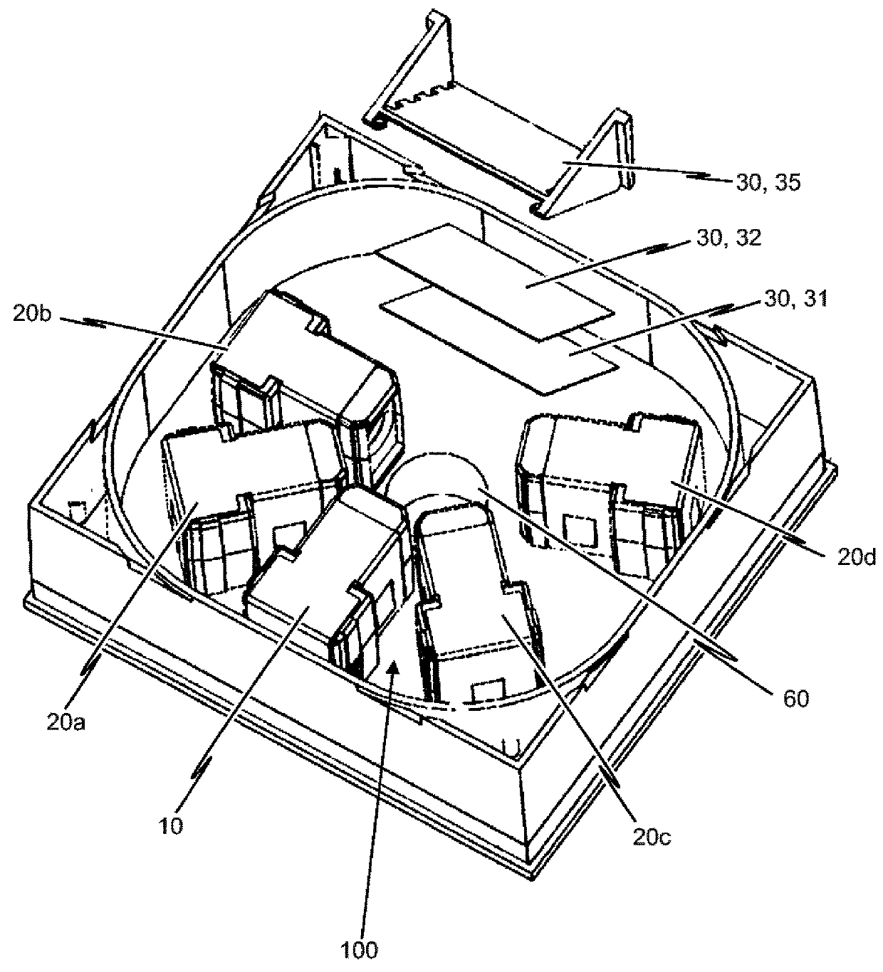 Assembly for attenuating impinging light of a beam of radiation