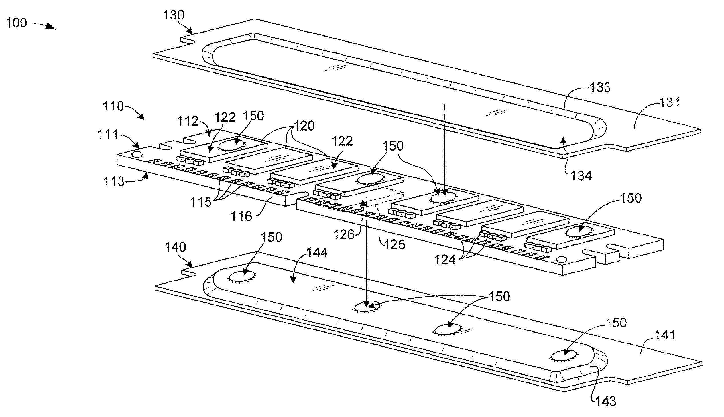 Memory module assembly including heat sink attached to integrated circuits by adhesive