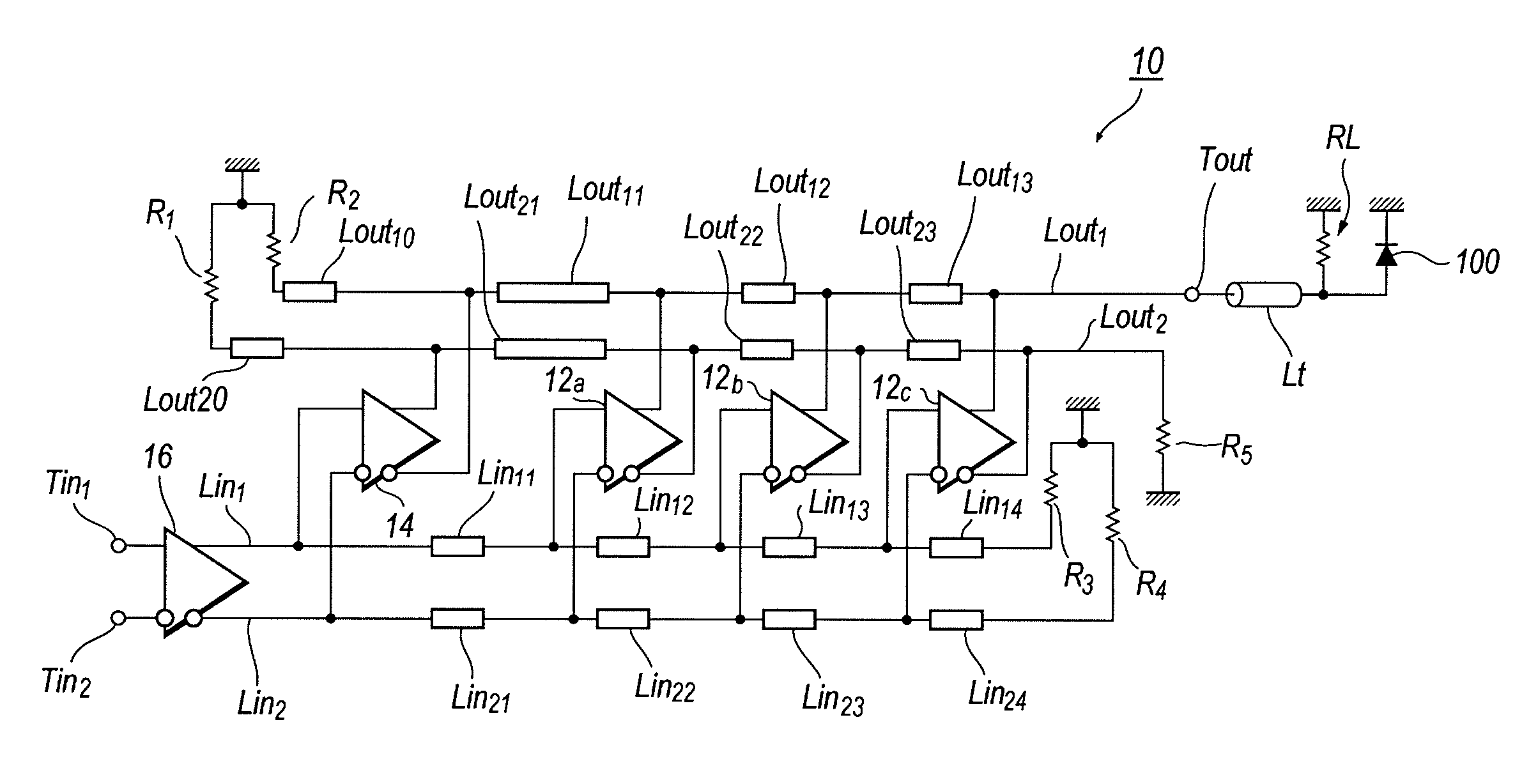 Traveling wave amplifier with pre-emphasis function