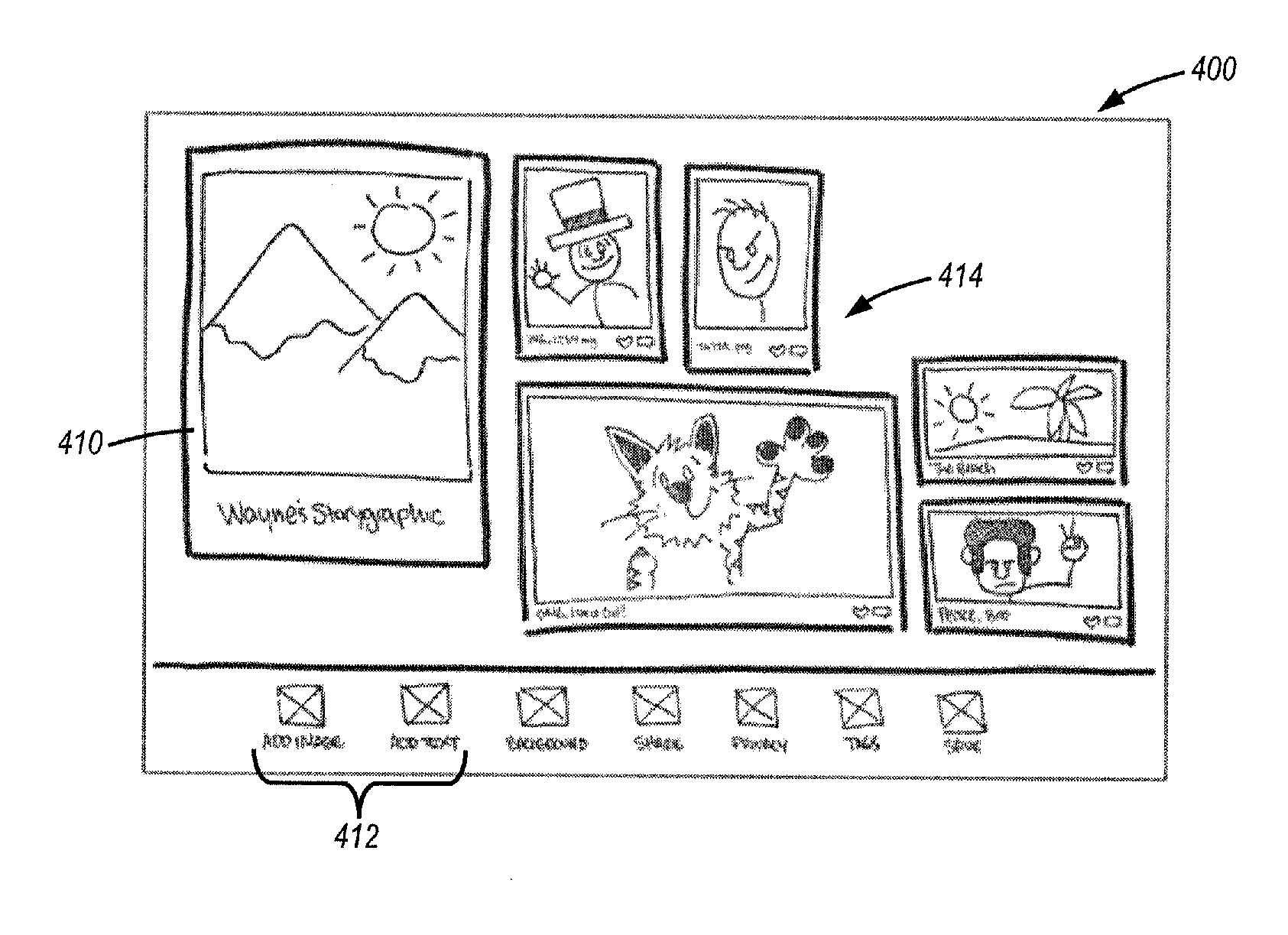 System for creating stories using images, and methods and interfaces associated therewith