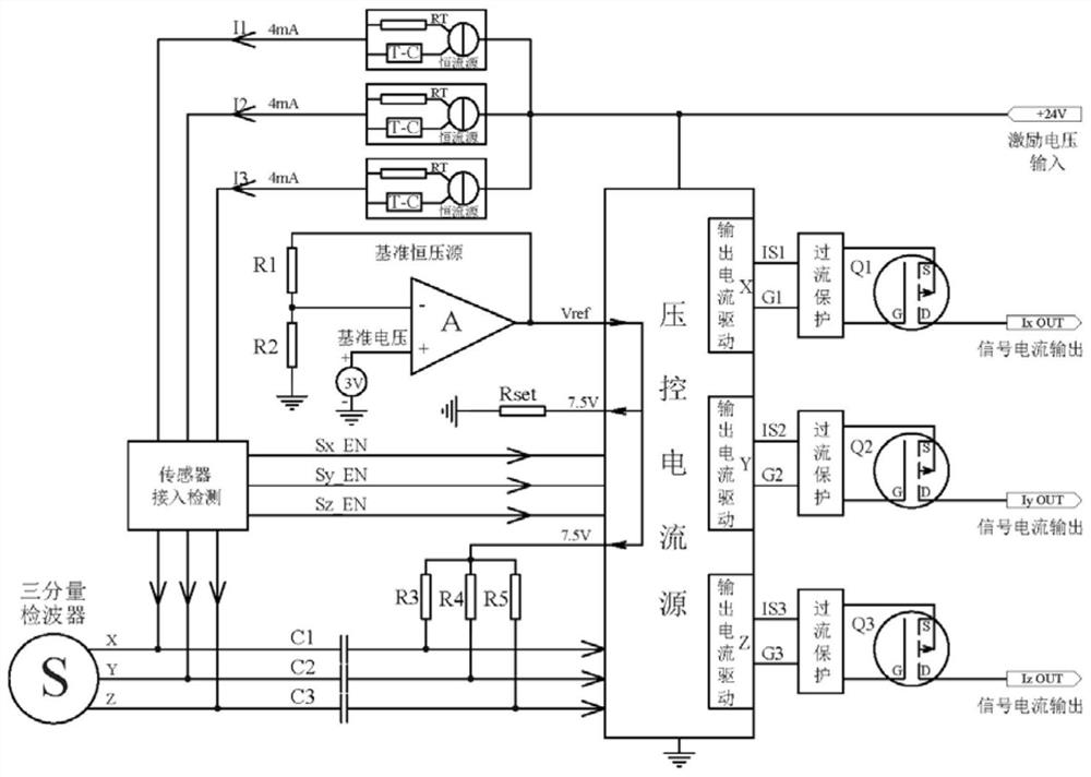 Voltage-to-current converter for three-component seismometer and its working method