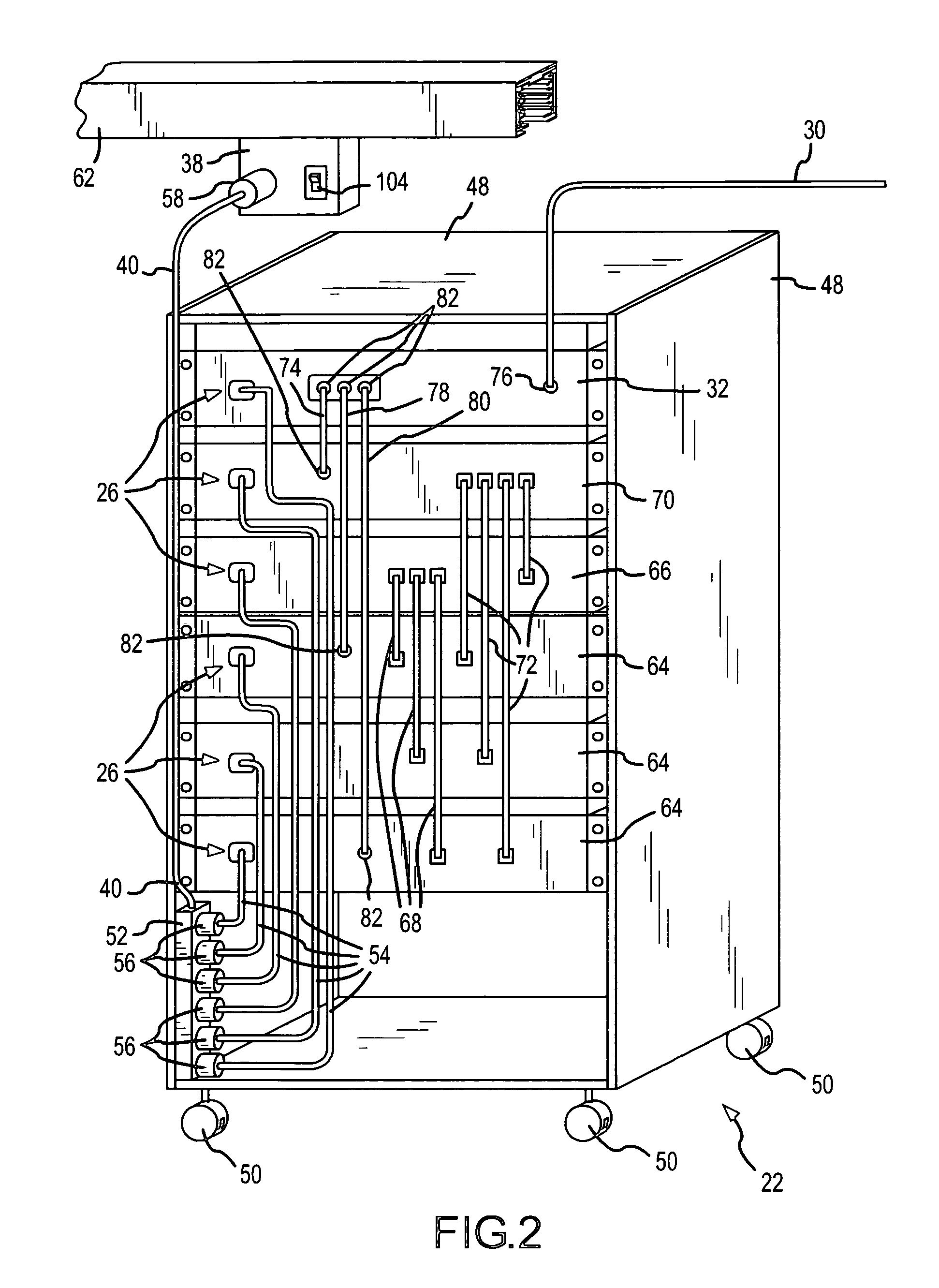 Data center with mobile data cabinets and method of mobilizing and connecting data processing devices in a data center using consolidated data communications and power connections