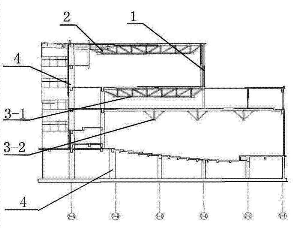 Multilayer steel truss fragmented reverse hoisting construction method in arc-shaped frame