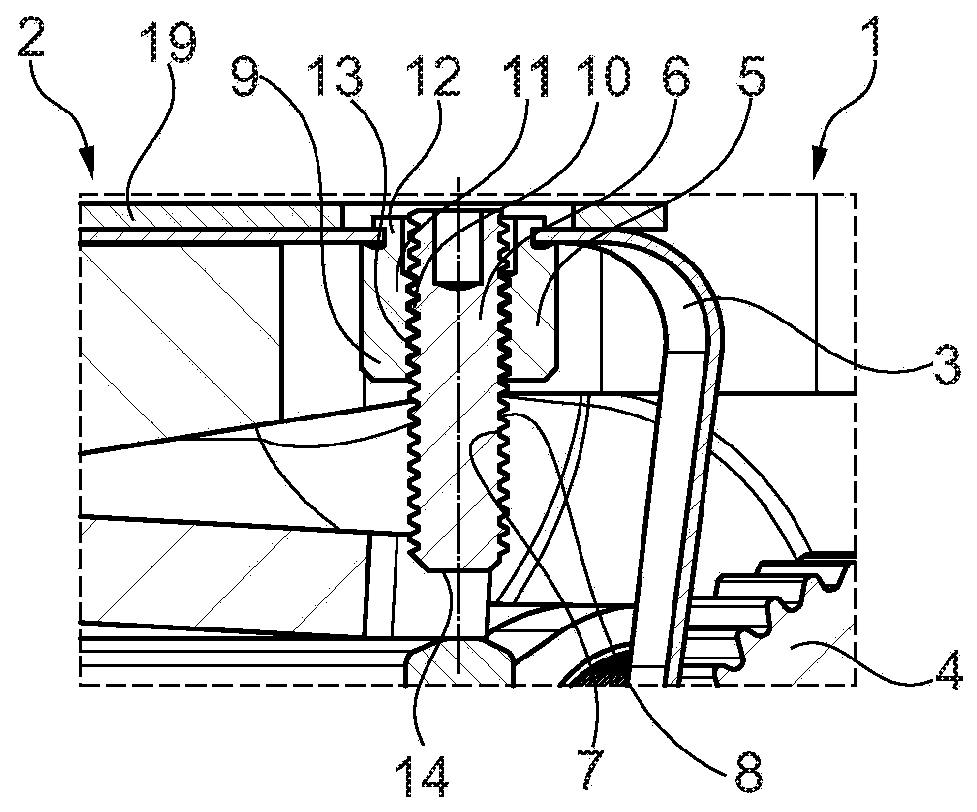 Wear compensation device with pre-fixed threaded pin, clutch and assembly method