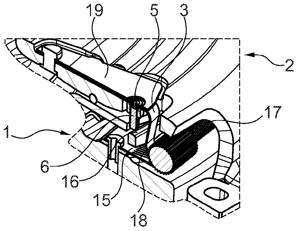 Wear compensation device with pre-fixed threaded pin, clutch and assembly method