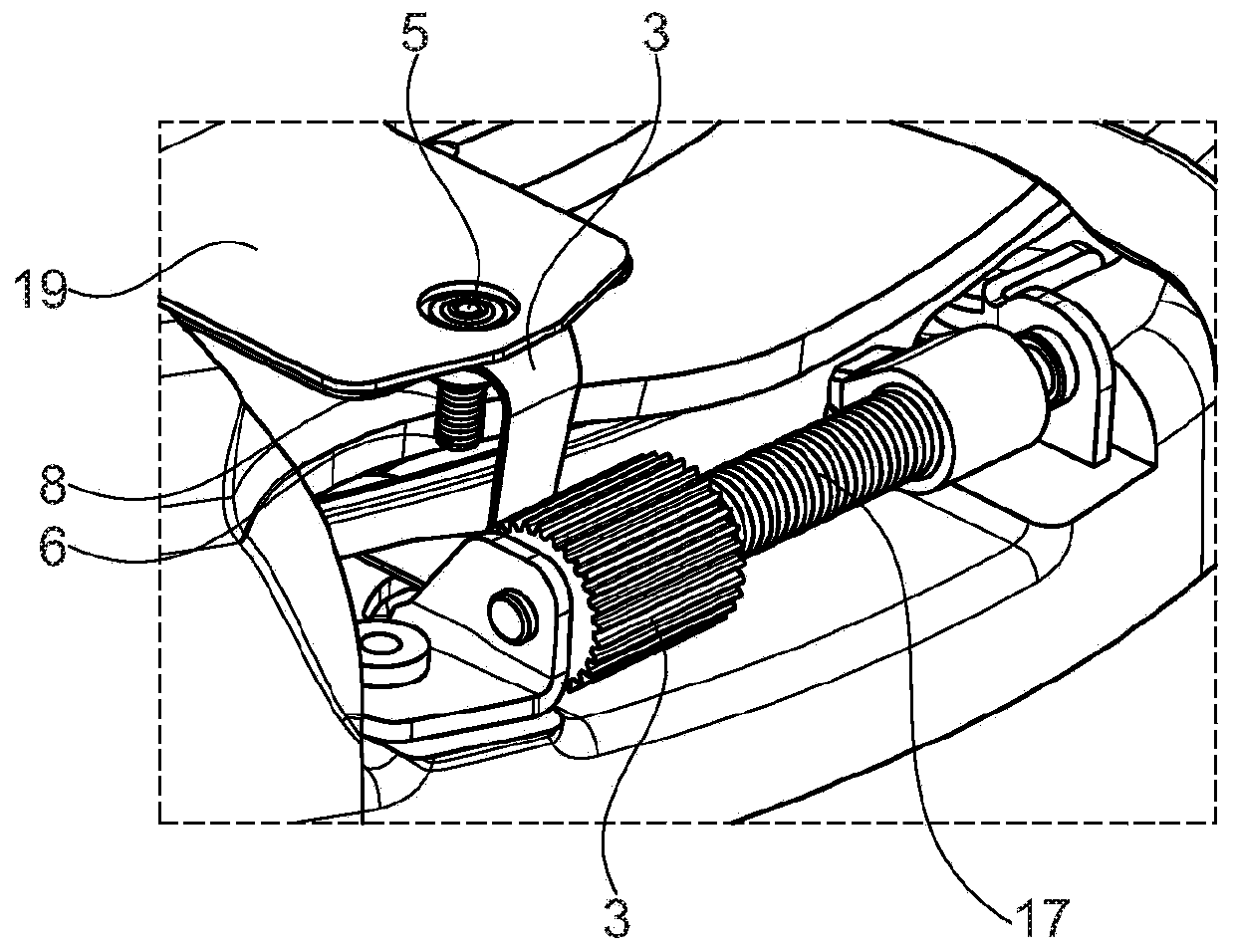 Wear compensation device with pre-fixed threaded pin, clutch and assembly method