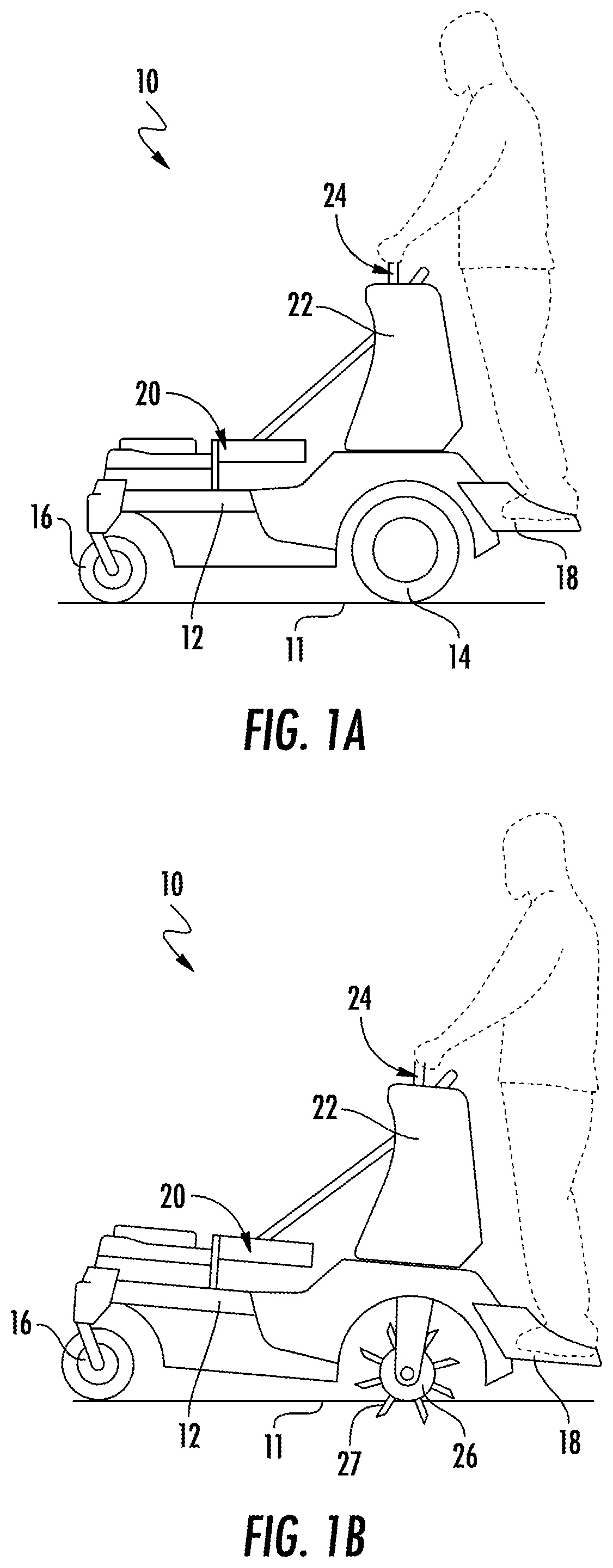 Stand-on outdoor power equipment for aerating soil