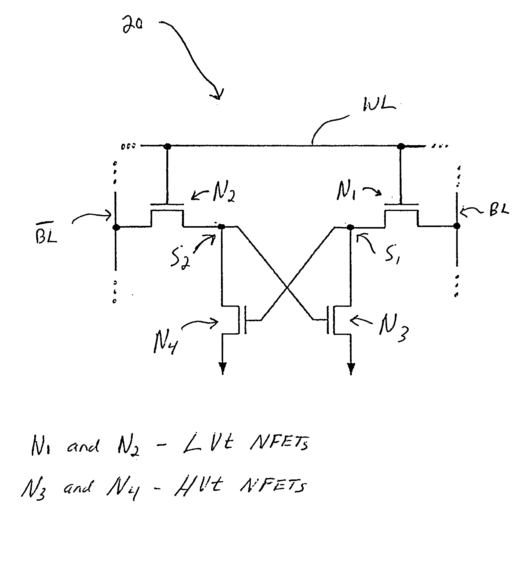 Loadless NMOS four transistor dynamic dual Vt SRAM cell