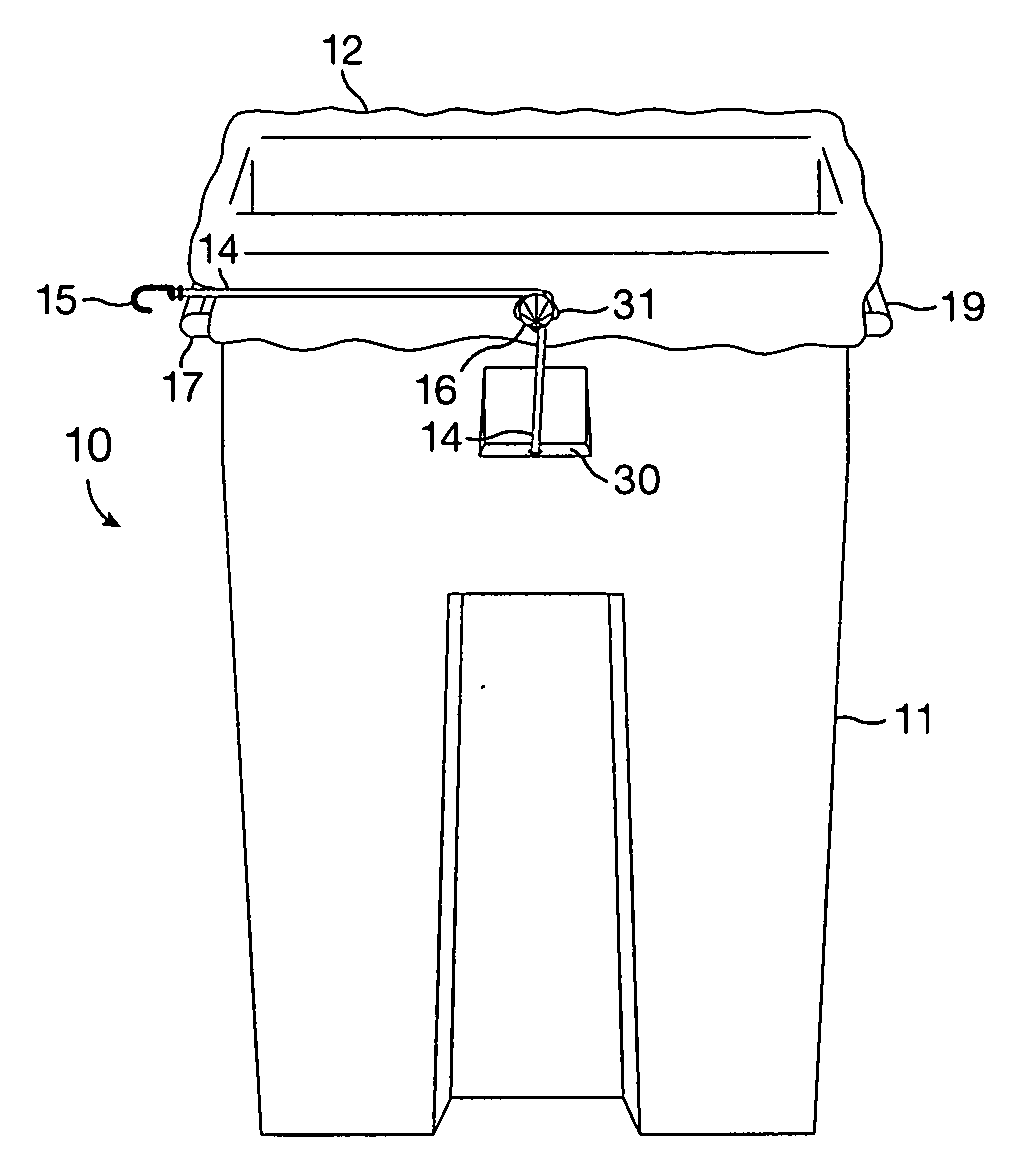 Rigid trash receptacle with retractable strap