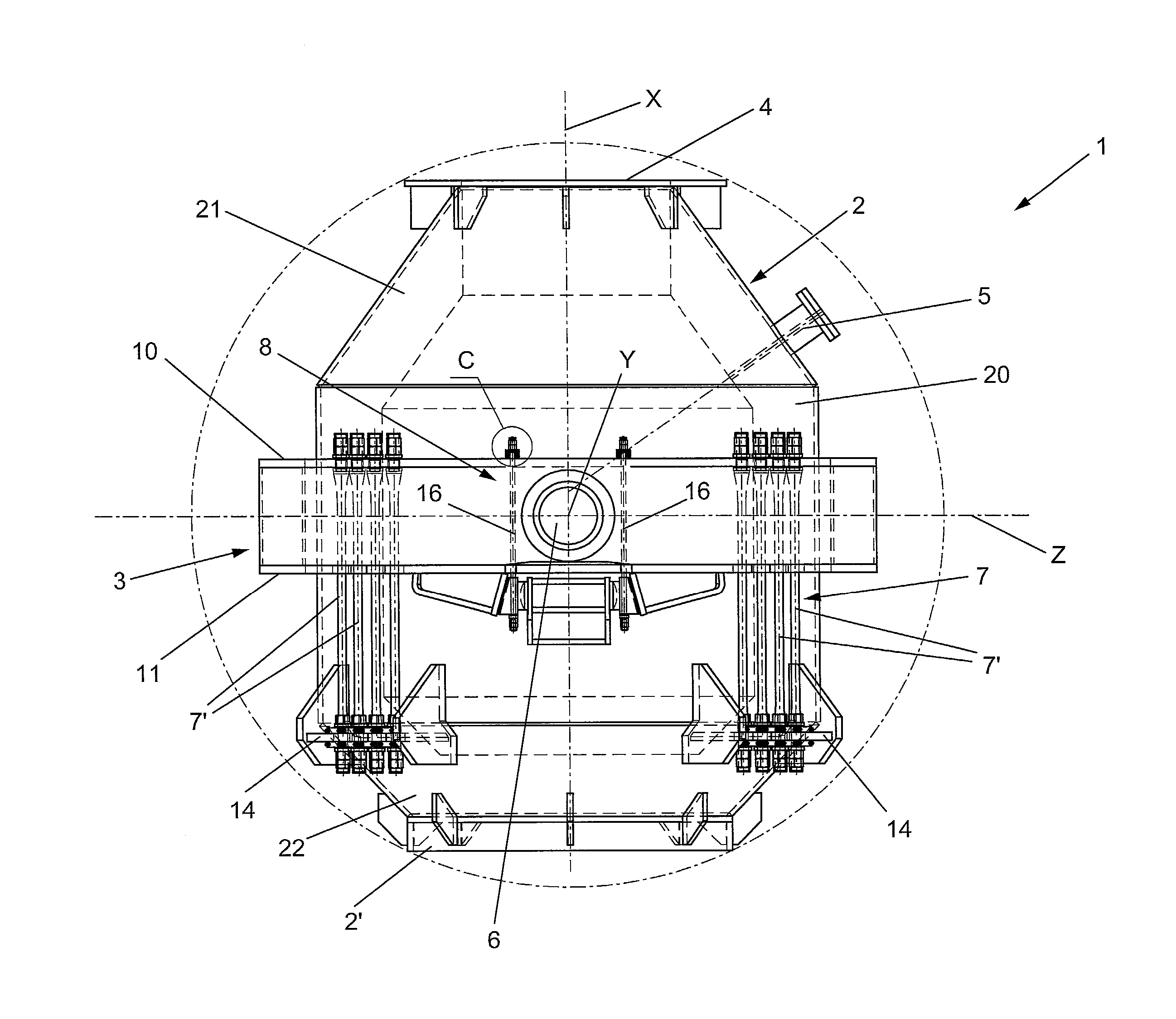 Suspension device for tilting oxygen converters and converter provided with said suspension device