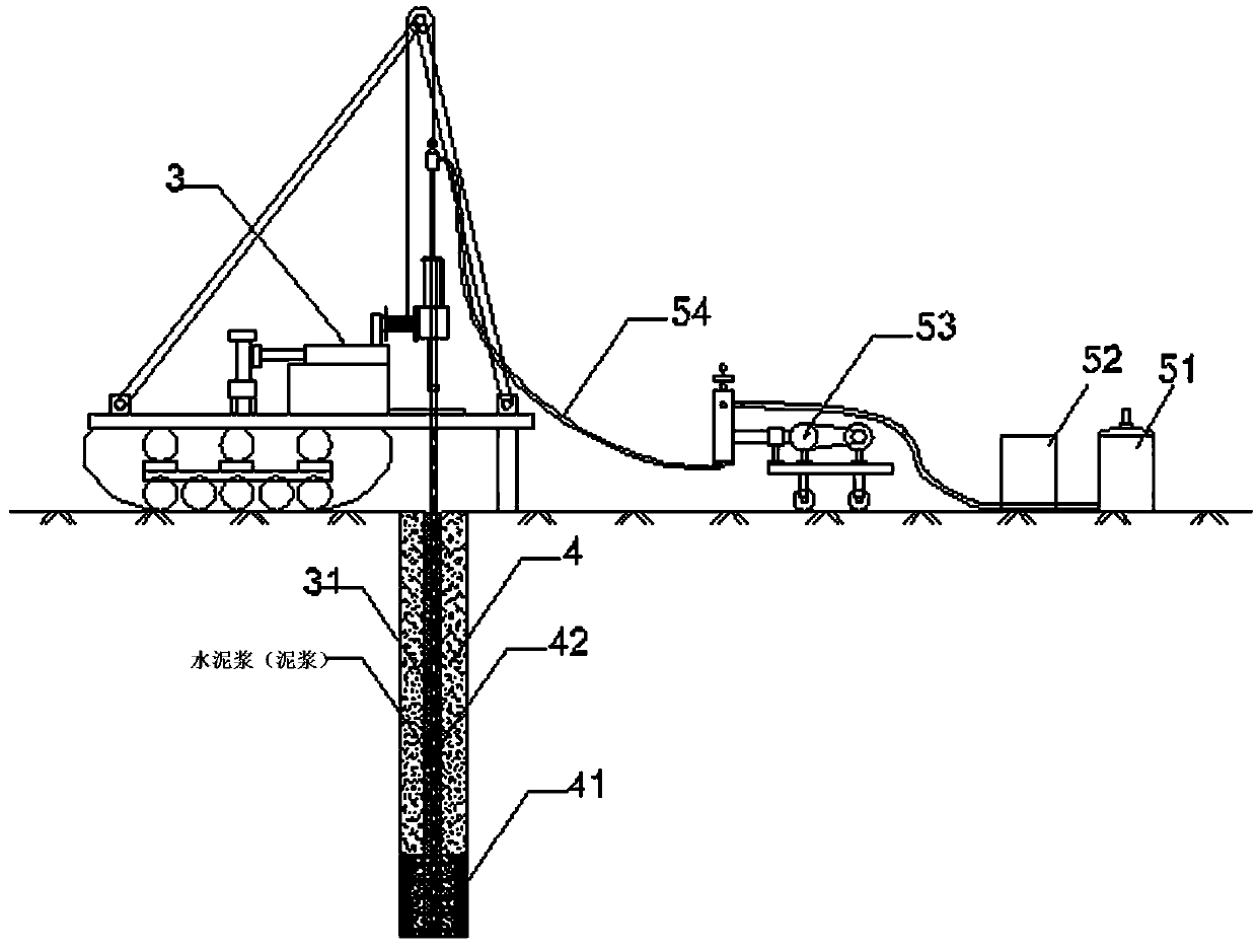 Drilling and grouting integrated device for treating relatively thick sediment after pile formation