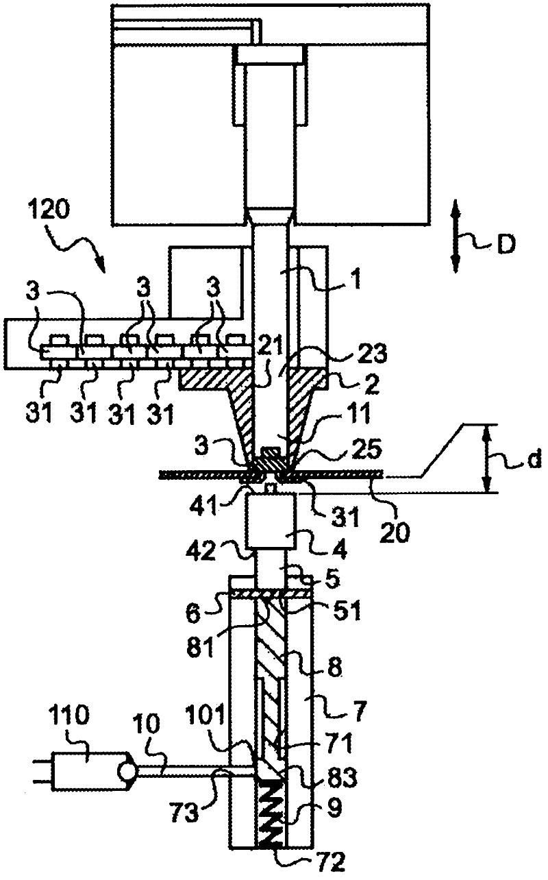 Device for crimping element to be crimped on part