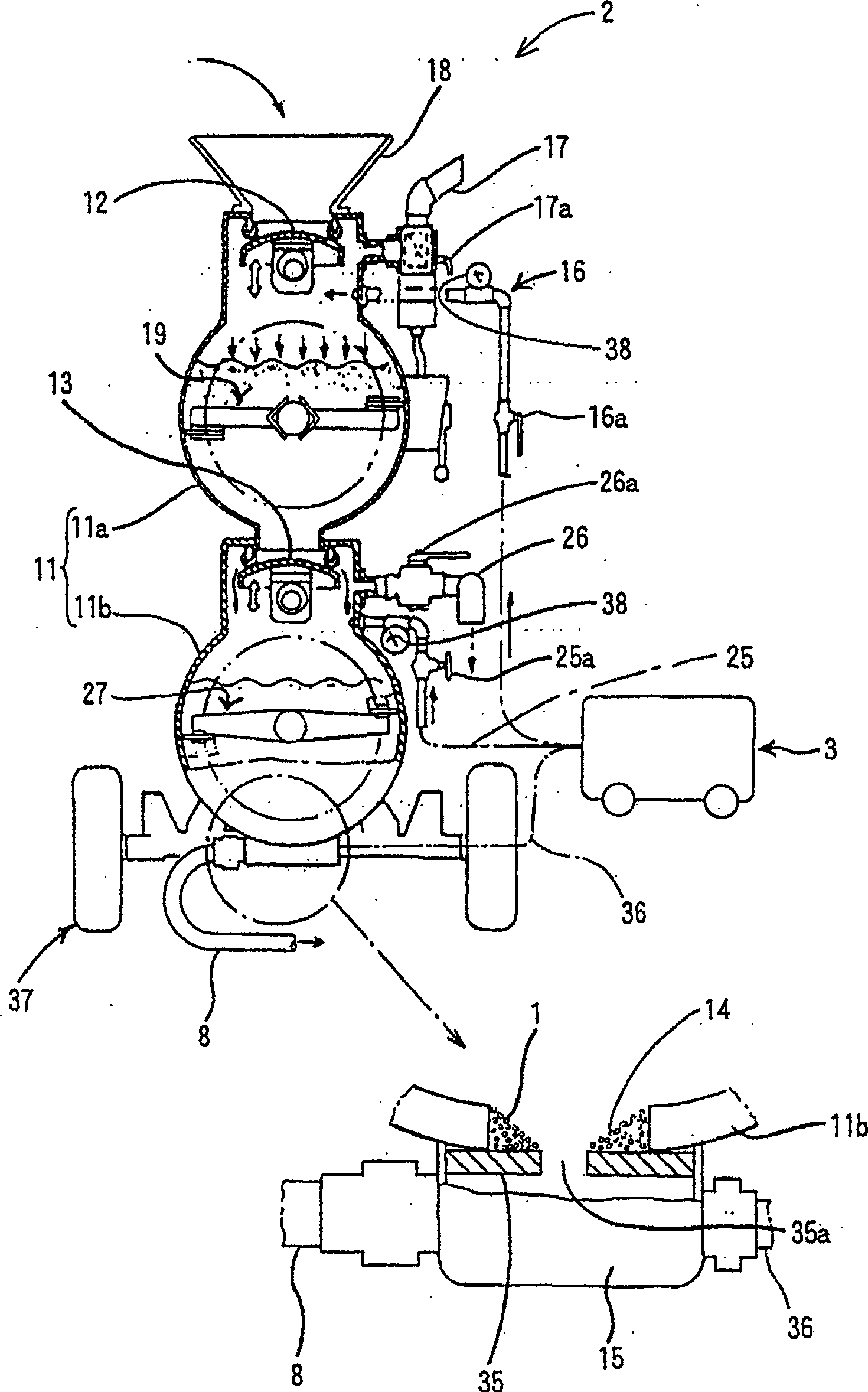 A spraying device of mortar or concrete and a spraying method ofthe mortar or concrete using the device