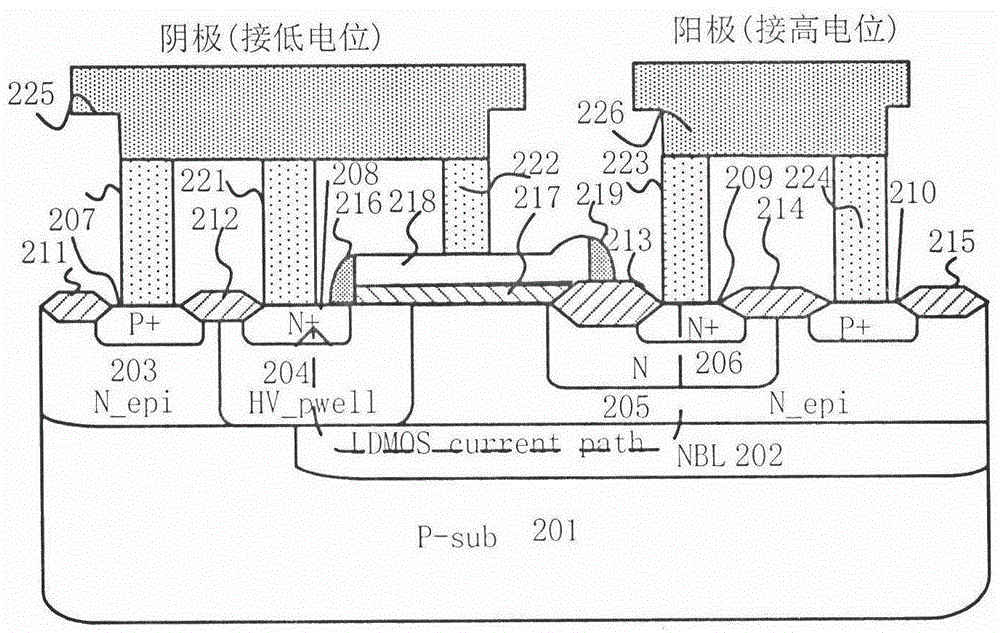 Bidirectional tri-path turn-on high-voltage ESD protective device