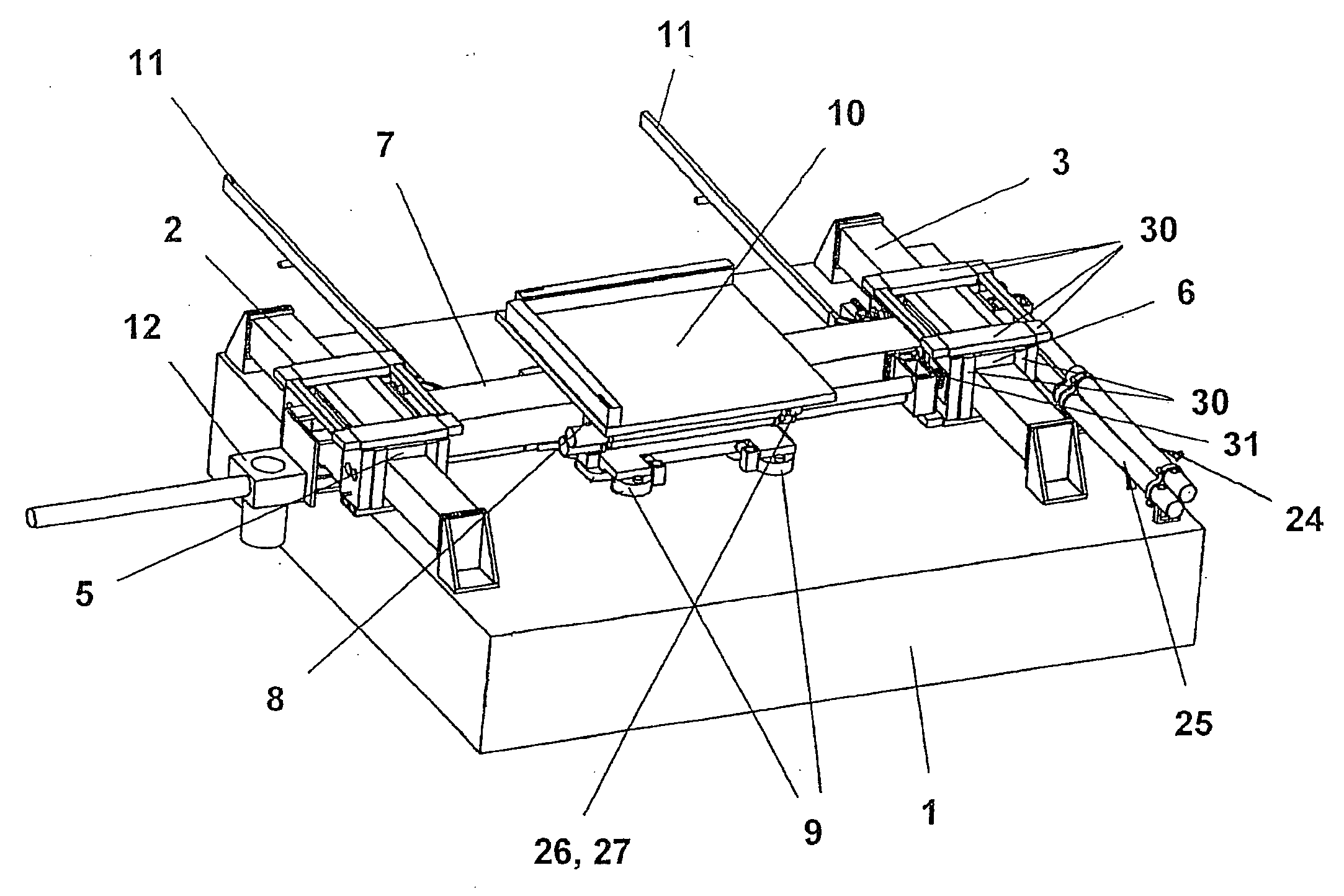 Table guided by aerostatic bearing elements for vacuum application