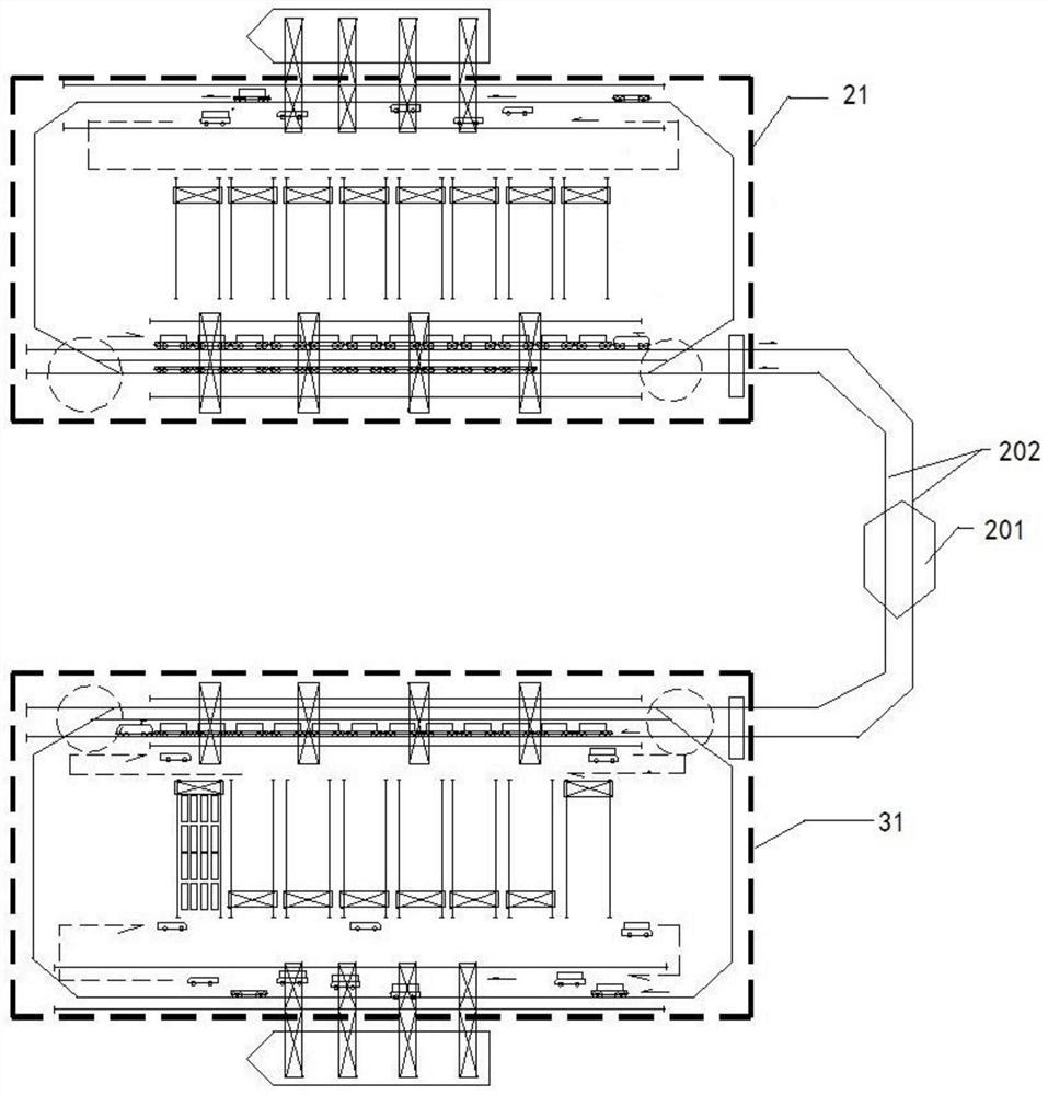 A container transfer system and method for river-ocean intermodal transport based on track-collecting trucks