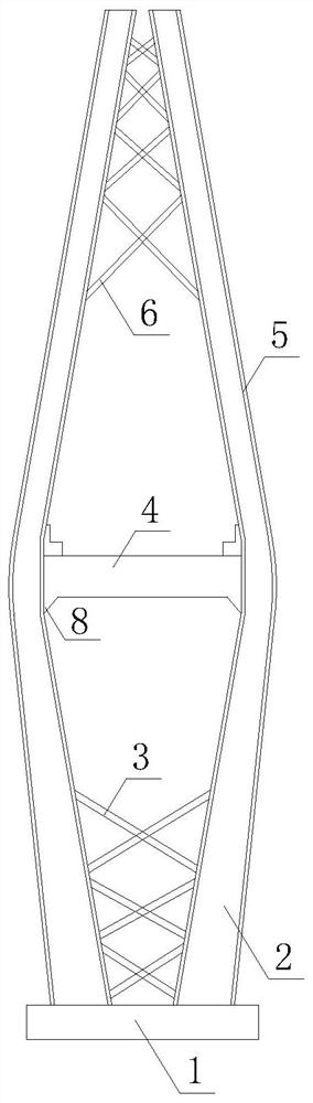 Bridge tower with space inclined struts arranged between tower limbs and construction method