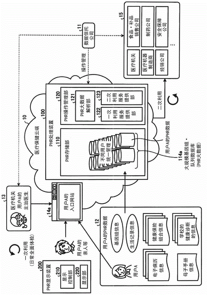 Health information procssing device, health information display device, and method