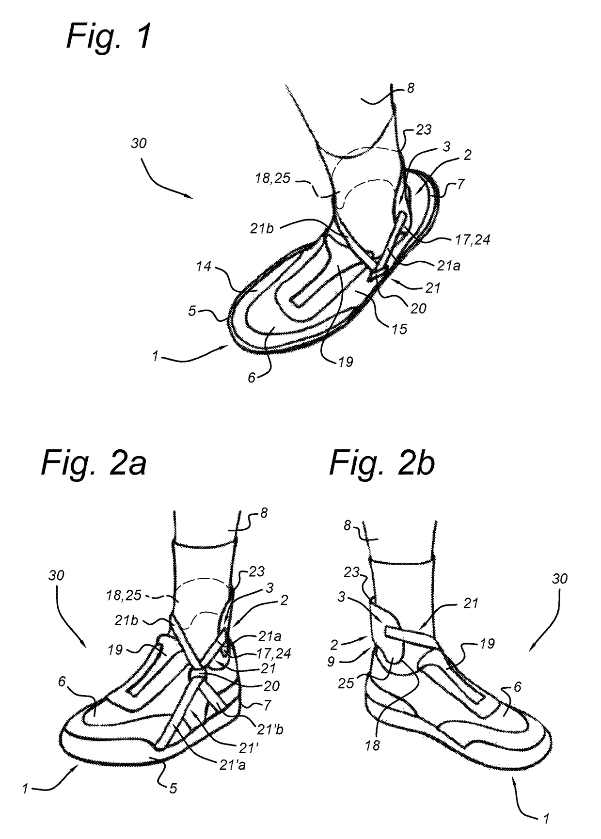 Assembly comprising a shoe, a shaped piece connected with the shoe to support the ankle, and a set of a shaped piece and fixing means for attachment to the shoe