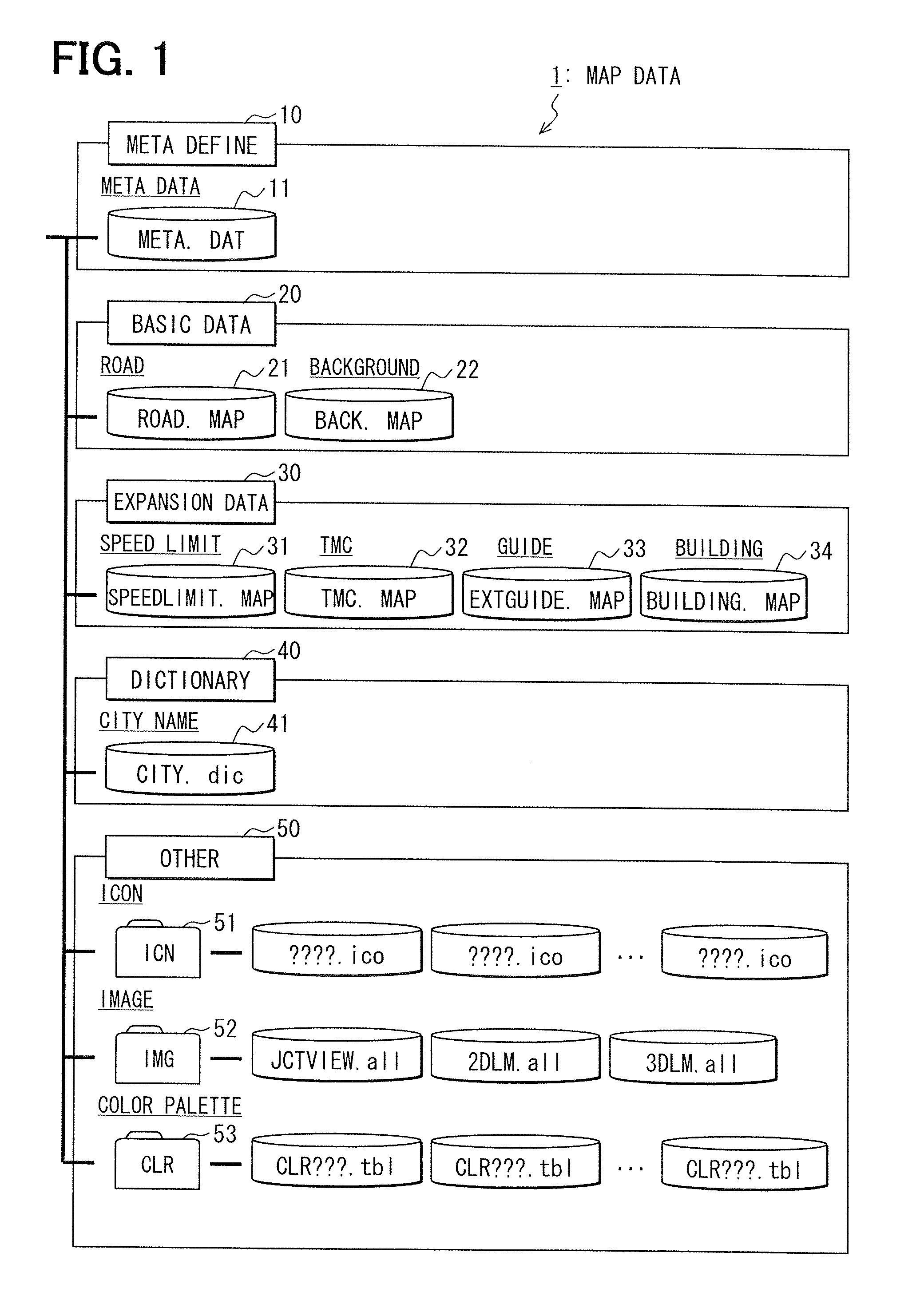 Map data, storage medium and navigation apparatus