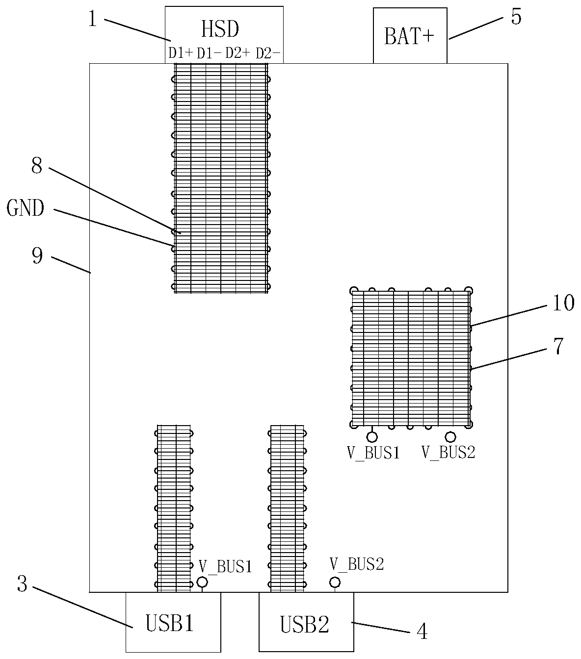 Concentrator with USB differential shielding wiring and power module independent layout