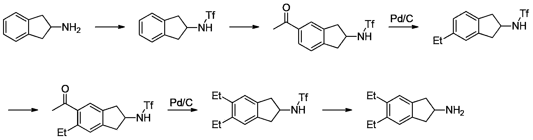 Synthesizing method of indacaterol amino fragment 5,6-diethyl-2,3-dihydro-1H-inden-2-amine hydrochloride