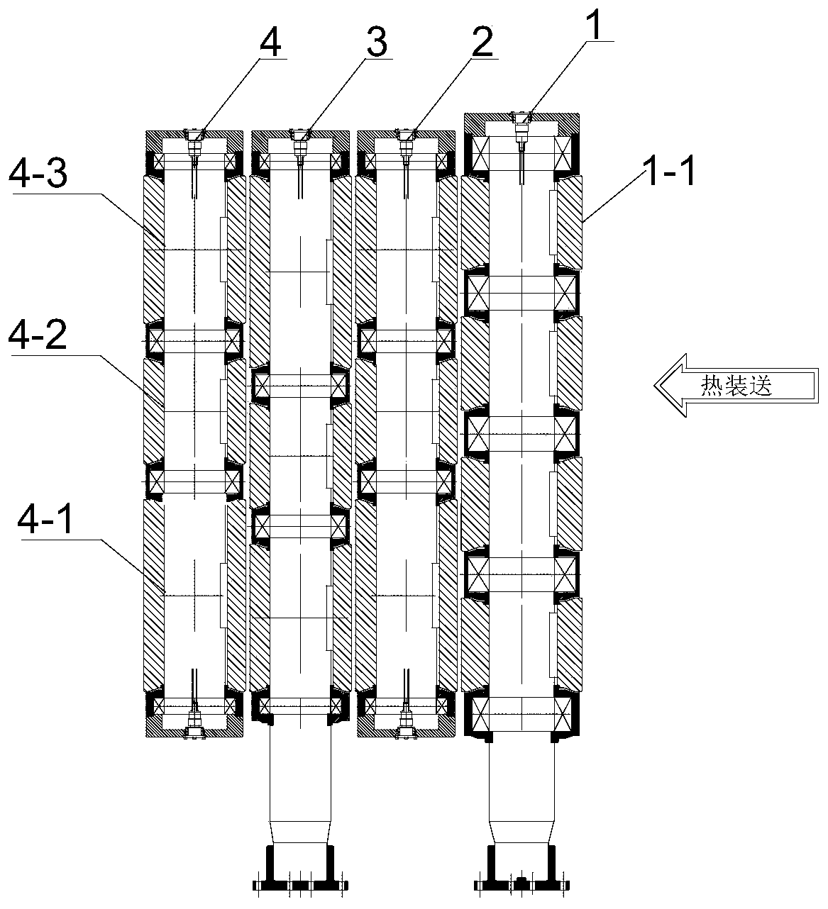 A sector-shaped roll row structure for continuous casting solidification end under heavy pressure and its application method