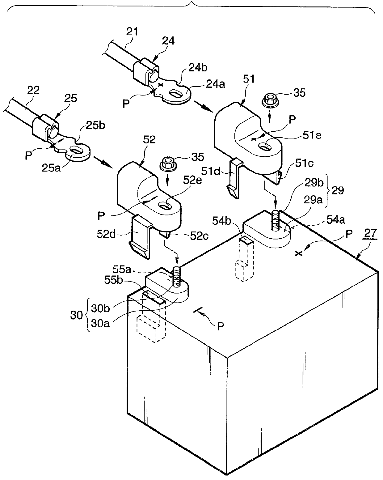 Connecting structure for battery terminals