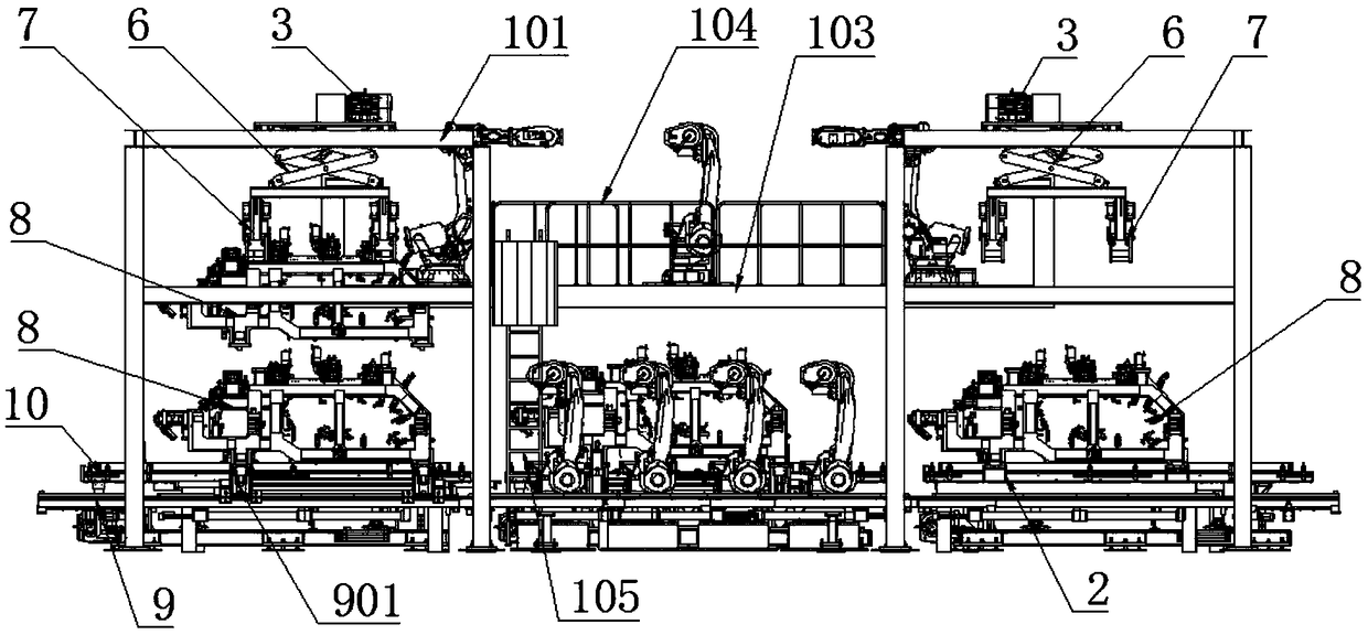 Aerial operation clamp library access device for white vehicle body welding