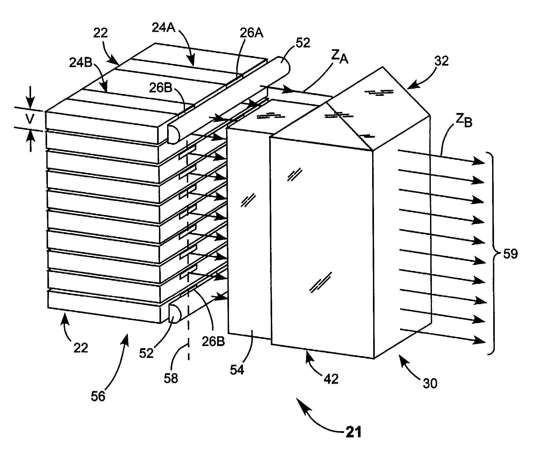 Method and apparatus for coupling radiation from a stack of diode-laser bars into a single-core optical fiber