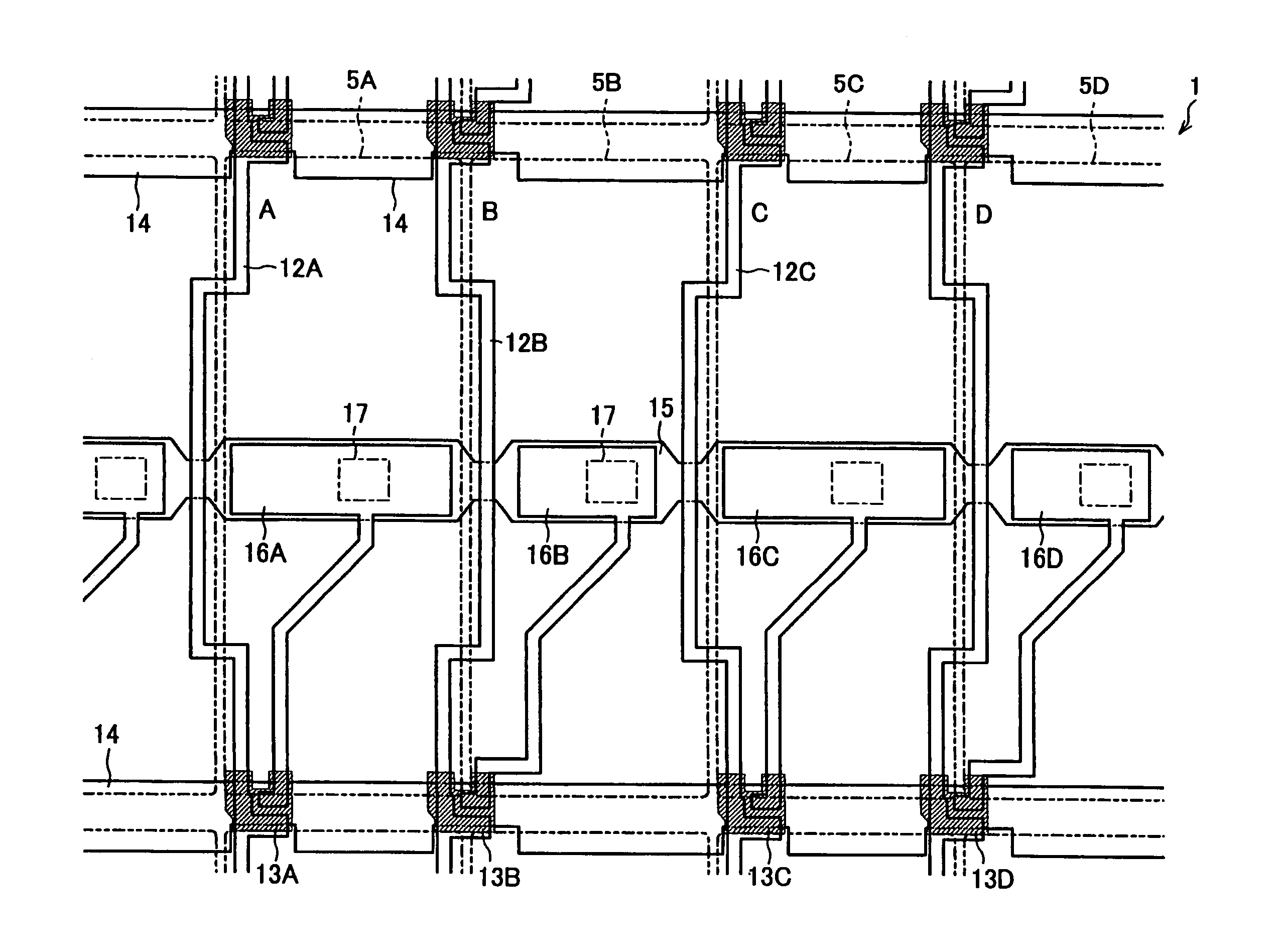 Active element substrate with simplified signal line arrangement having active elements and pixel electrodes and liquid crystal display device using the same