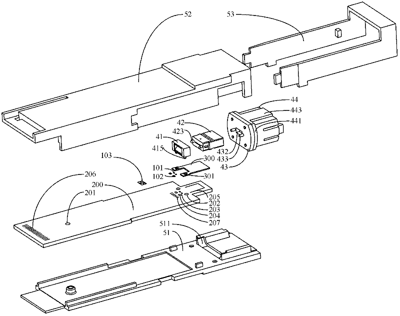 Packaging structure of multi-mode QSFP (Quad Small Form-factor Pluggable) parallel optical transceiver module