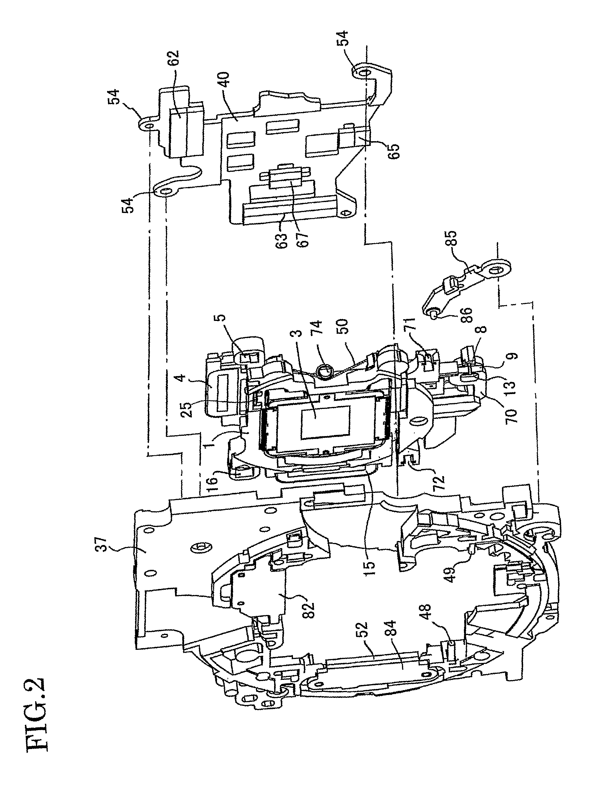 Shake correcting system with slide mechanism which allows unit to be freely movable, lens barrel, imaging device and hand-held data terminal