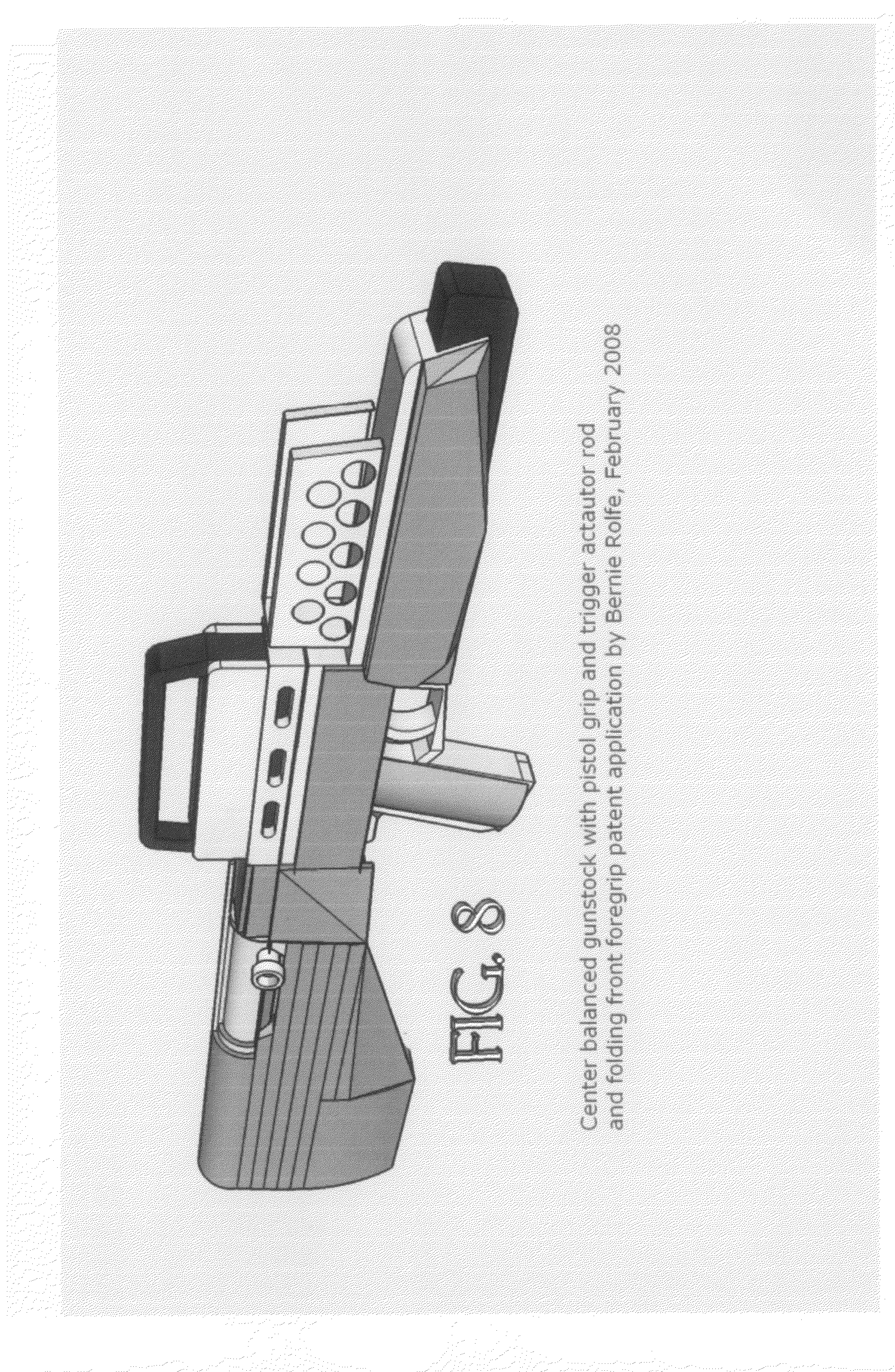 Center balanced gunstock with pistol grip and trigger actuator rod and folding front foregrip