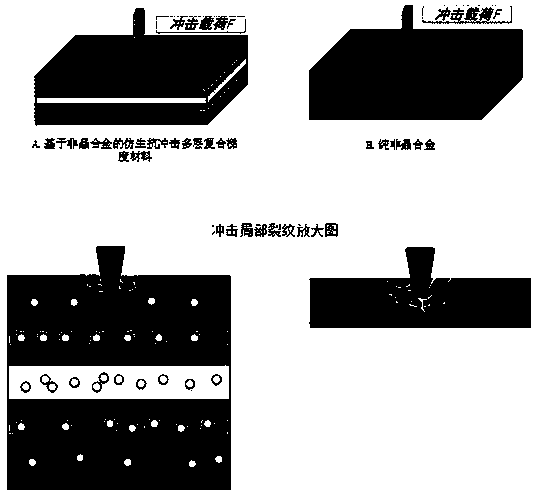 Preparation method of bionic impact-resistant multilayer composite gradient material based on amorphous alloy