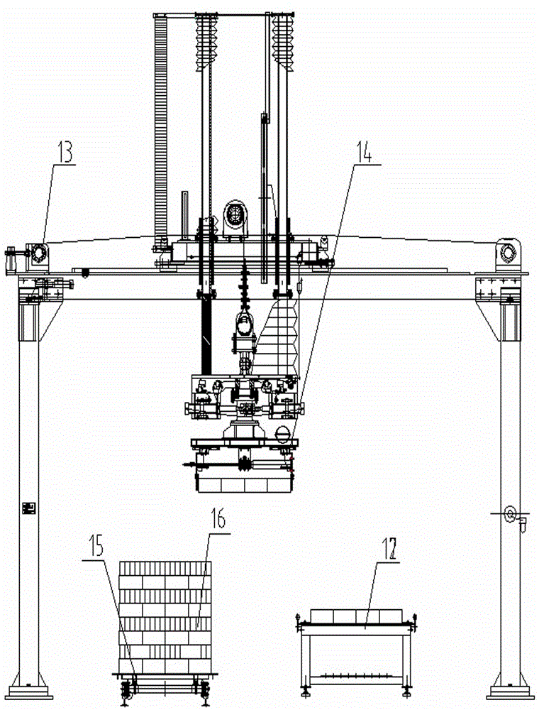 Brick unloading and stacking unit and brick unloading and stacking method for sintered bricks