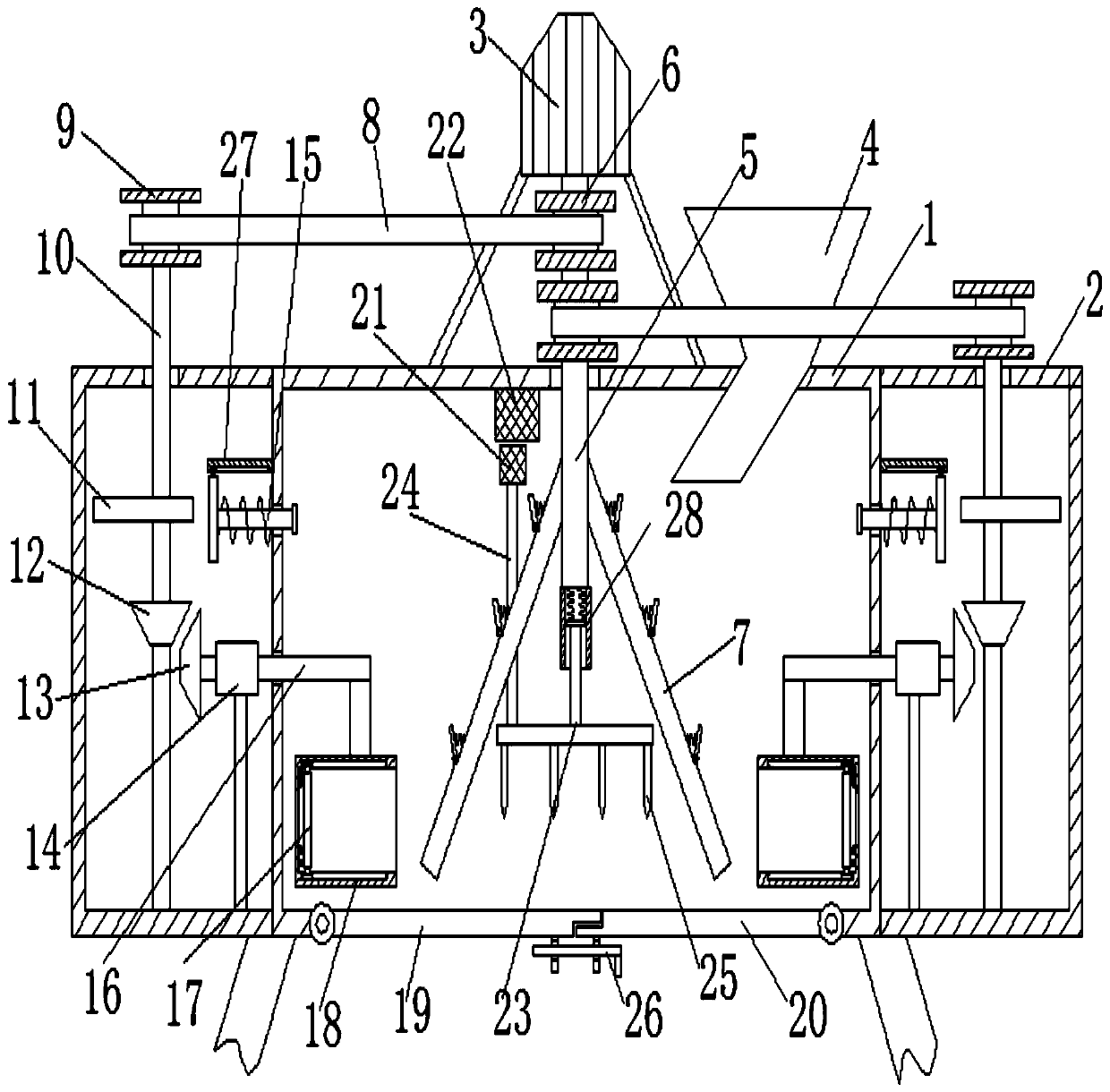 Stirring device for efficiently and uniformly mixing and stirring black pig feeds