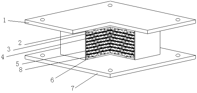 High-damp rubber supporting seat compositing high-strength fine steel wire mesh with reinforced steel fibers