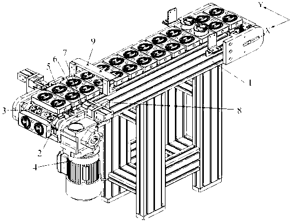 Locating device of high precise locating chain conveying line for liquid shampoo caps