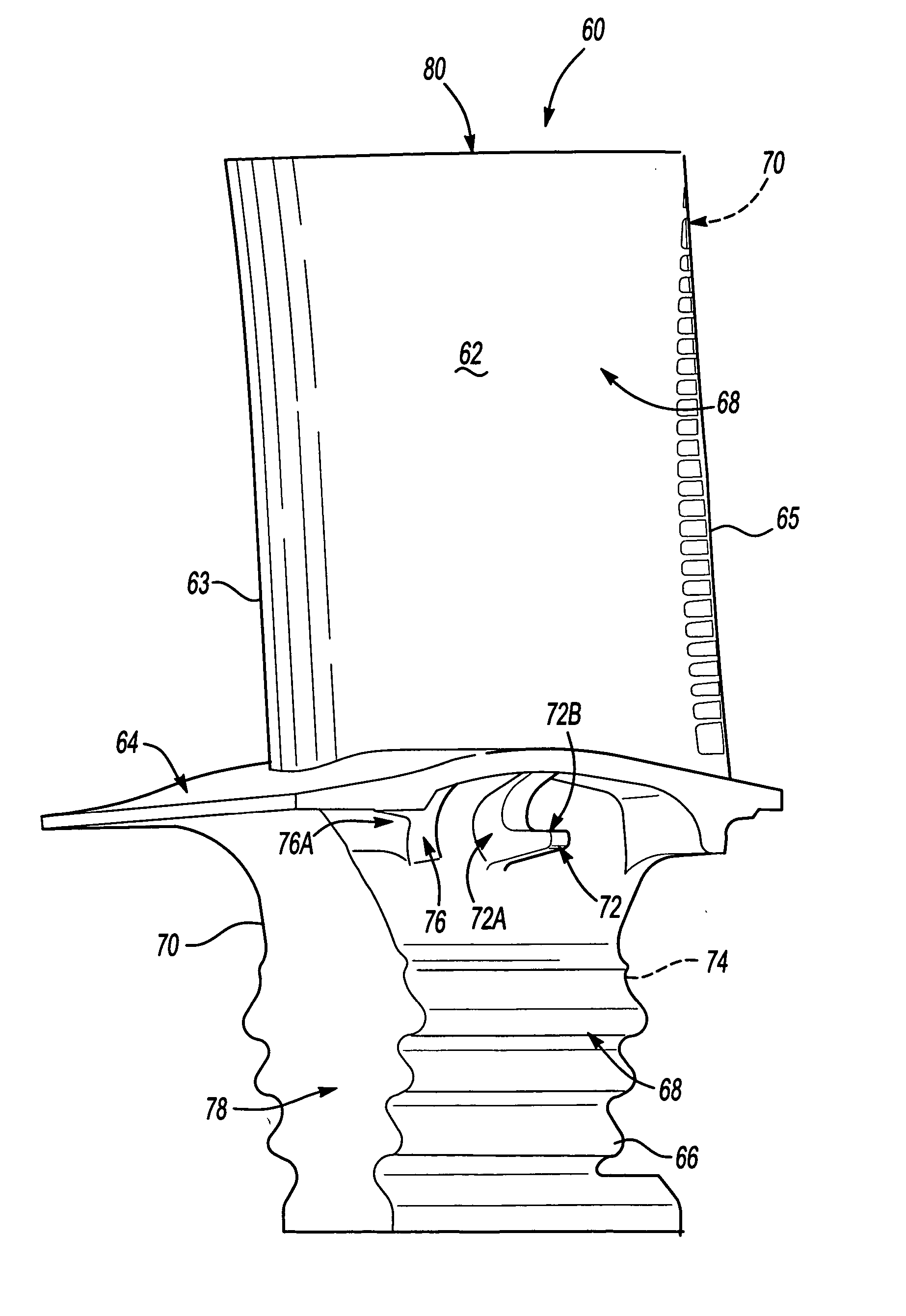 Turbine blade including revised platform