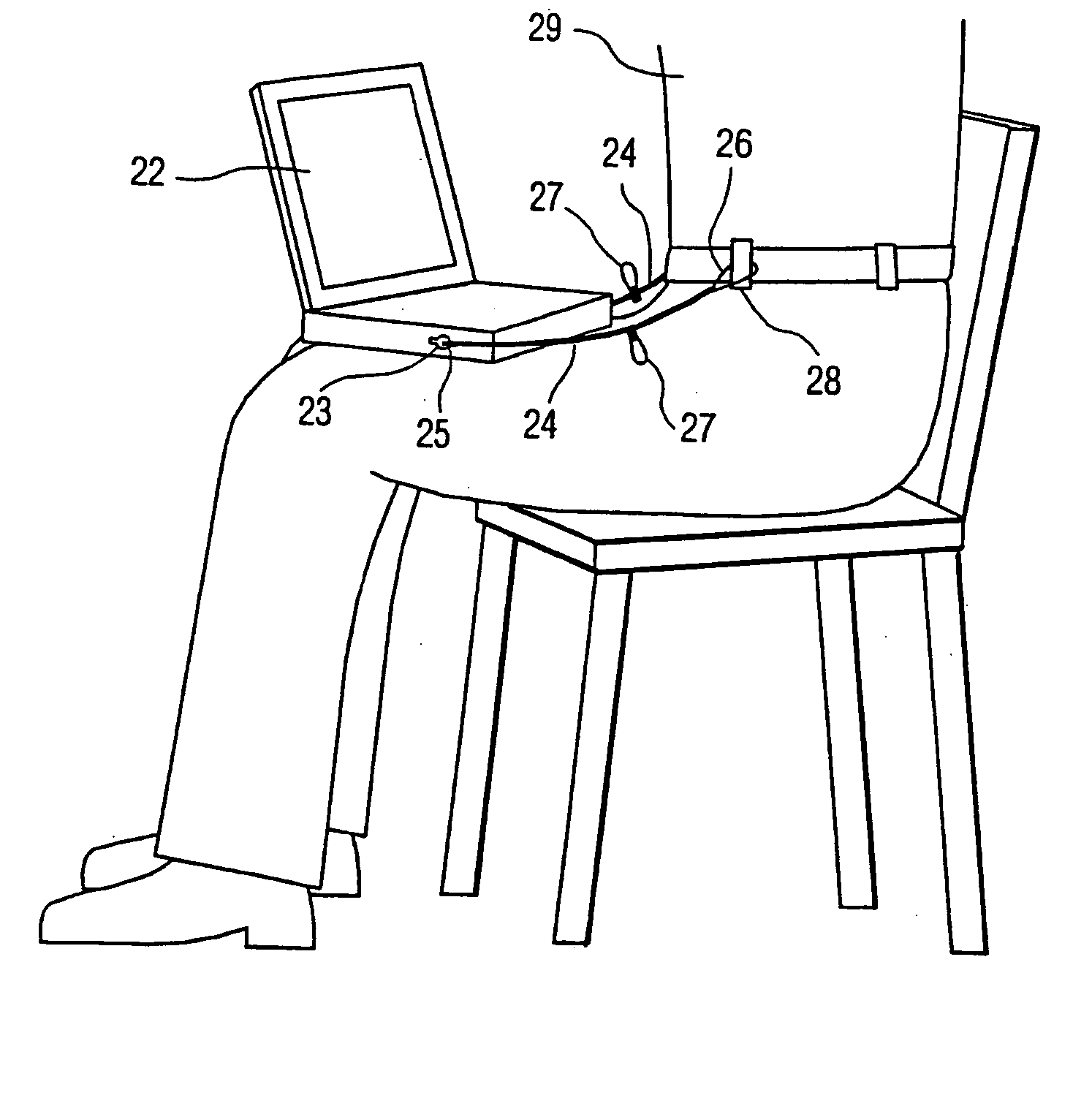 Tether arrangement for portable electronic device, such as a laptop computer